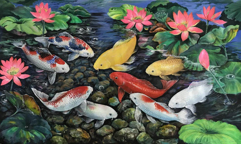 Nine Koi Fish - Symbol Of Prosperity and Family Strength - Feng Shui Painting - Life Size Posters