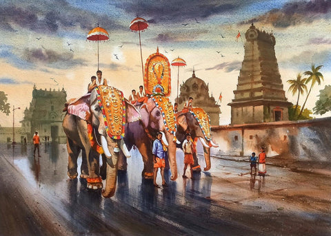 Onam Festival  Elephant Procession In Kerala - Temple Painting Of India by L N Taskar