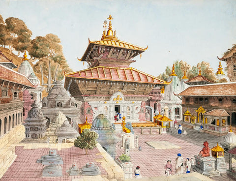 Pashupatinath (Shiva) Temple Complex In Nepal - Henry Ambrose - c1850 - Vintage Orientalist Painting Of India by L N Taskar