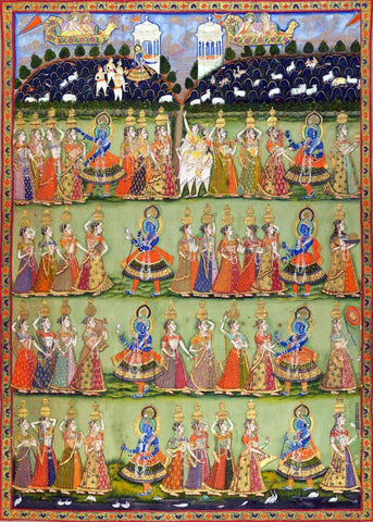 Pichhavai Depicting Dana Lila (Krishna Demands a Toll from the Gopis) - 19th Century Vintage Indian Art Painting by Tallenge
