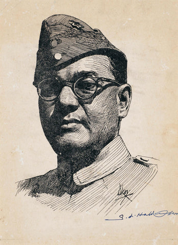 Portrait of Netaji Subhash Chandra Bose - S L Haldankar - Indian Masterpiece Painting - Life Size Posters by S L Haldankar