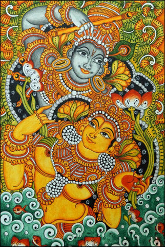 Radha Krishna - Kerala Mural - Folk Art Painting by Tallenge