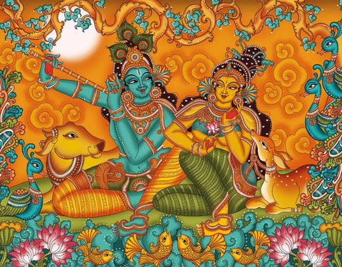 Radha Krishna - Kerala Mural Painting - Indian Folk Art by Pichwai Art