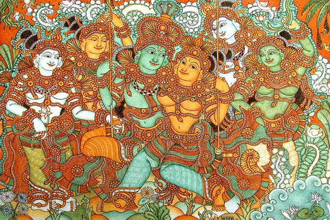Radha Krishna On A Swing  - Kerala Mural Painting - Indian Folk Art by Tallenge