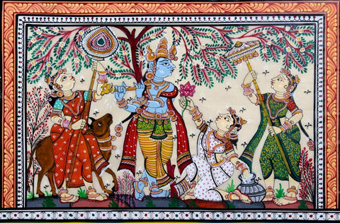 Radha Krishna With Gopis- Pattachitra Painting - Indian Folk Art by Tallenge