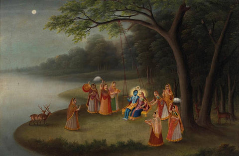 Radha and Krishna - 19tth Century Bengal Dutch School - Vintage Indian Painting by Tallenge