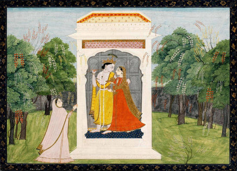 Radha and Krishna In A Pavilion - Kangra c1830 - Vintage Indian Miniature Art Painting by Tallenge