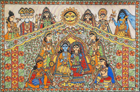 Ram Darbar Pattabhishekam - Siya Ram Laxman and Hanuman - Ramayan Madhubani Mithila Painting - Canvas Prints