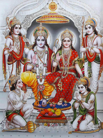 Ram Sita Laxman Bharat Shatrughan and Hanuman - Ram Darbar - Ramayan Painting - Canvas Prints