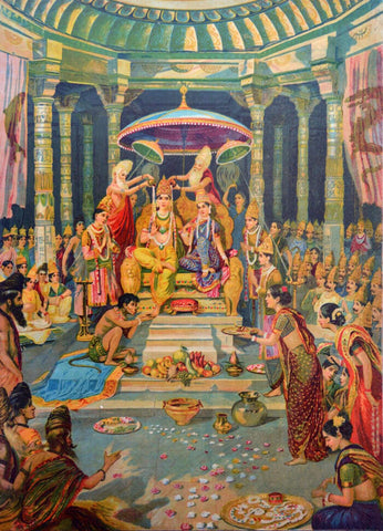 Ram Rajyabhishek - Raja Ravi Varma Press Oleograph Print - Vintage Indian Ramayan Art - Large Art Prints by Raja Ravi Varma
