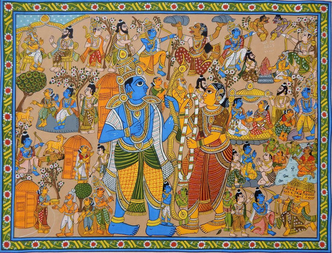 Artwork of Rama Sita Wedding - Cheriyal Scroll Painting  Vintage Indian Folk Art From Ramayana by Tallenge