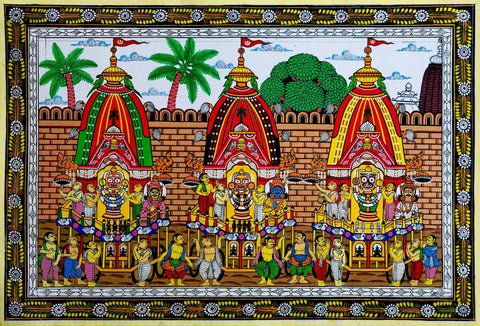 Rath Yatra (Chariot Procession) At Jagannath Temple In Puri - Pattachitra Folk Art Of Orissa Painting - Life Size Posters by Raghuraman