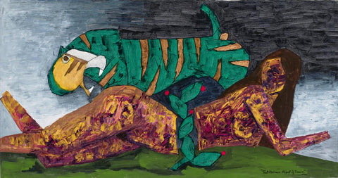 Reclining Lady With Tiger - M F Husain - Large Art Prints by M F Husain