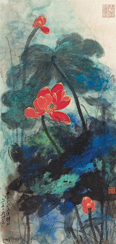 Red Lotus - Zhang Daqian - Chinese Gongbi Art Painting - Large Art Prints by Zhang Daqian