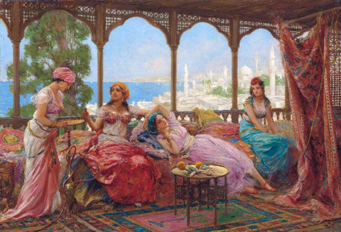 Resting on a terrace - Fabio Fabbi  - Vintage Orientalist Painting by Tallenge Store