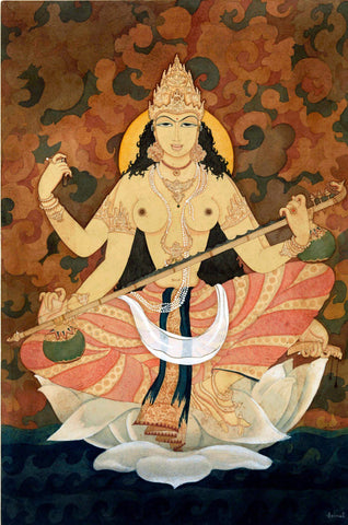 Saraswati (Goddess Of Learning And Music) - Y Srimati Painting by Tallenge Store