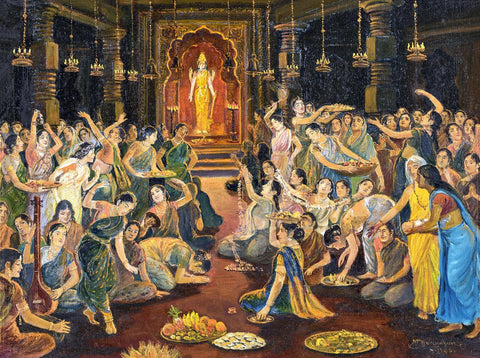 Scene From A Temple Of Goddess Lakshmi - M V Dhurandhar - Indian Masters Artwork by M. V. Dhurandhar