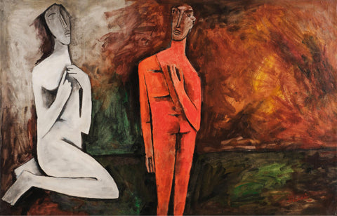 Second Act (Adam And Eve At The Moment Of Expulsion From The Garden Of Eden) - M F Husain Painting - Art Prints