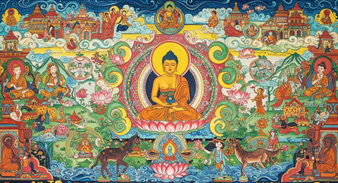 Serene Buddha Shakyamuni - Thangka  Painting by Tallenge Store