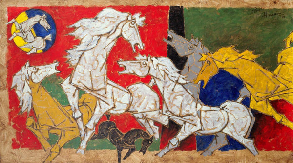Seven Running Horses And Sun - Maqbool Fida Husain Painting - Art Prints