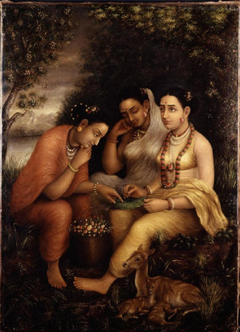 Shakuntala writing a love letter on a lotus leaf - Raja Ravi Varma Painting - Canvas Prints