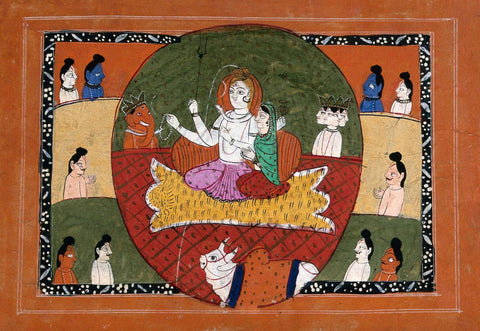 Shiva And Parvati With Ganesha Skanda and Nandi Bull - 18th Century Vintage Indian Art  Painting - Life Size Posters by Akal