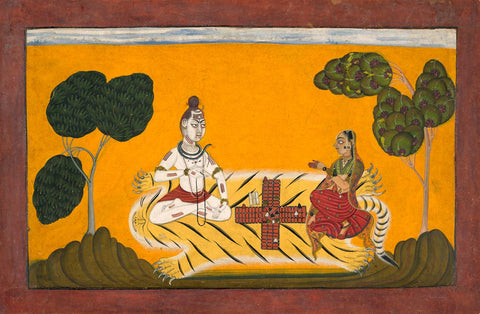 Shiva and Parvati Playing Chaupar - Folio from a Rasamanjari - Vintage Indian Painting - by Akal