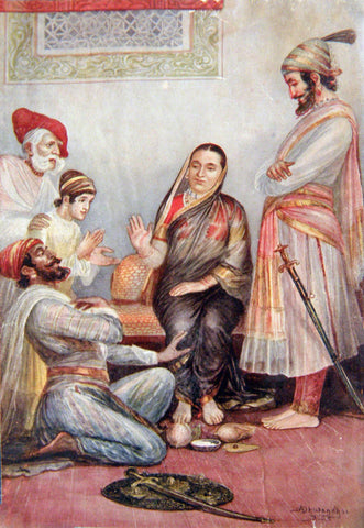 Shivaji, Jijabo and Tanaji Taking Vow Of Kondana Fort Campaign- M V Dhurandhar - Indian Masters Artwork - Life Size Posters by M. V. Dhurandhar