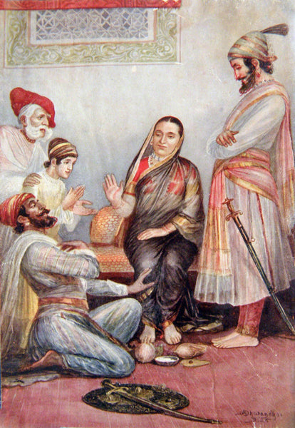 Shivaji, Jijabo and Tanaji Taking Vow Of Kondana Fort Campaign- M V Dhurandhar - Indian Masters Artwork - Art Prints