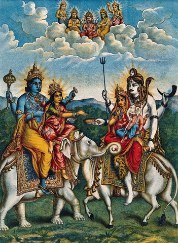 Shri Hariharmilan (The Meeting Of Vishnu And Shiva) - Vintage c1880 Lithograph Art Print - Art Prints