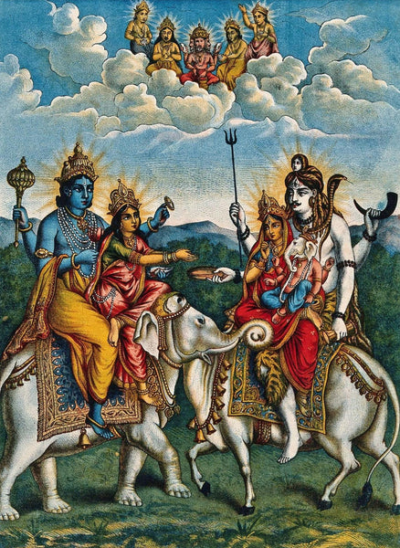 Shri Hariharmilan (The Meeting Of Vishnu And Shiva) - Vintage c1880 Lithograph Art Print - Framed Prints