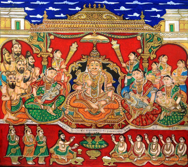 Shri Ram Parivar - Dasharath With Wives And Baby Ram Laxman Bharat And Shatrughan - Vintage Ramayan Painting - Canvas Prints