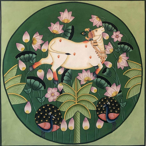 Shrinathji Cow Kamadhenu- Krishna Pichwai Painting - Posters