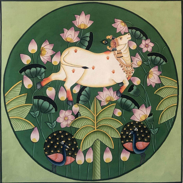 Shrinathji Cow Kamadhenu- Krishna Pichwai Painting - Art Prints