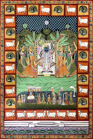 Shrinathji Sharad Poornima (Pichwai Nathdwara) - Indian Krishna Art Painting by Tallenge