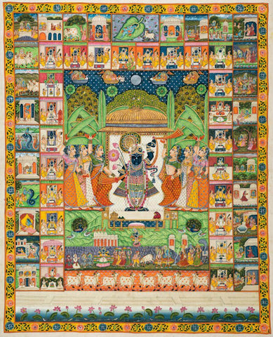 Shrinathji Sharad Purnima (Pichwai Nathdwara) - Vintage Indian Krishna Art Painting by Tallenge
