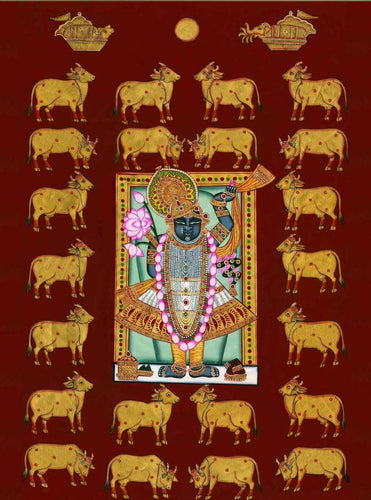 Artwork of Shrinathji  With Cows - Indian Krishna Pichwai Art Painting by Tallenge