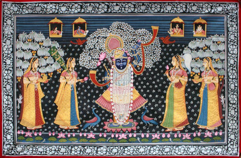 Shrinathji Pichvai (Nathdwara) With Gopis - Indian Kirshna Art Painting - Life Size Posters by Tallenge