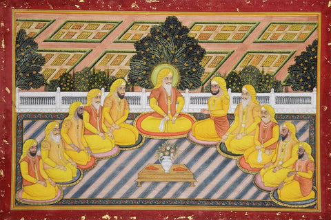 Sikh Gurus Celebrating Basant Panchmi  - Vintage Indian Sikhism Art Painting by Tallenge