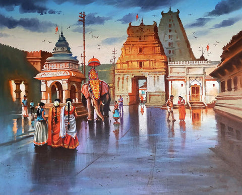 South Indian Temple With Elephant - Painting Of India by L N Taskar
