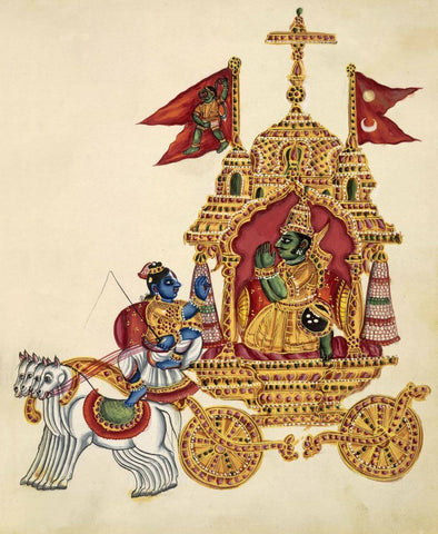 Sri Krishna Gita Upadesh to Arjun - c1830 - Vintage Indian Art Mahabharat Painting by Tallenge