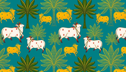 Srinathji Cows - Krishna Contemporary Pichwai Painting - Large Art Prints by Tallenge
