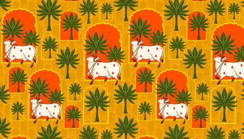 Srinathji Cows - Krishna Pichvai Contemporary Painting by Tallenge