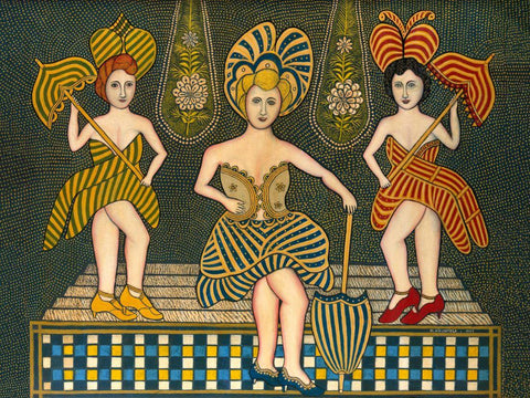 Stage Beauties - Morris Hirschfield - Modern Primitive Art Painting by Morris Hirshfield