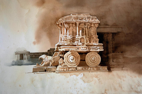 Stone Chariot At Hampi Temple Complex In Karnataka - Painting Of India - Large Art Prints by L N Taskar