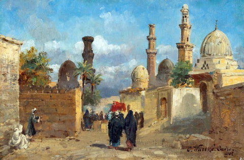 Street Scene At The Tombs Of Caliphs Of Cairo - Carl Wuttke - c1902 Vintage Orientalist Painting Of Egypt by Tallenge Store