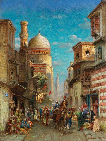 Street Scene at the Qaitbay Mosque in Cairo - Carl Wuttke - c1902 Vintage Orientalist Painting Of Egypt by Carl Wuttke