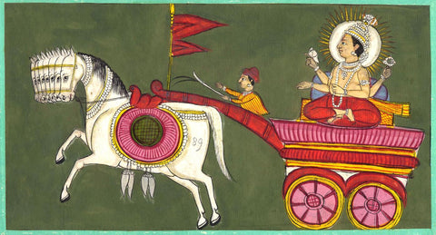 Surya (Sun) In His Chariot With Seven Horses -  Vintage Indian Painting by Raghuraman