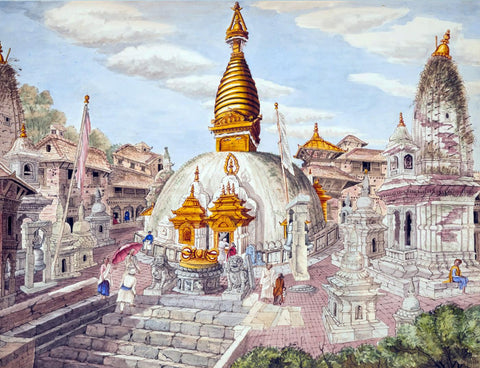 Swayambhunath (Shiva) Temple In Nepal - Henry Ambrose - c1850 - Vintage Orientalist Painting by L N Taskar