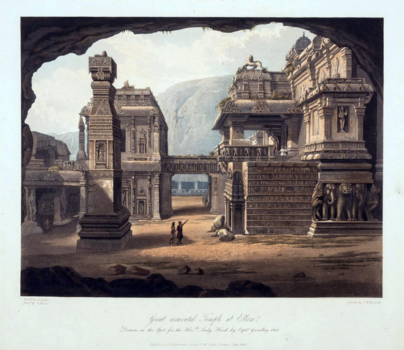 Large Artwork Prints of Temple At Ellora c1843 - Captain Robert M Grindlay -  Vintage Orientalist Painting Of India - Large Art Prints by Robert Melville Grindlay